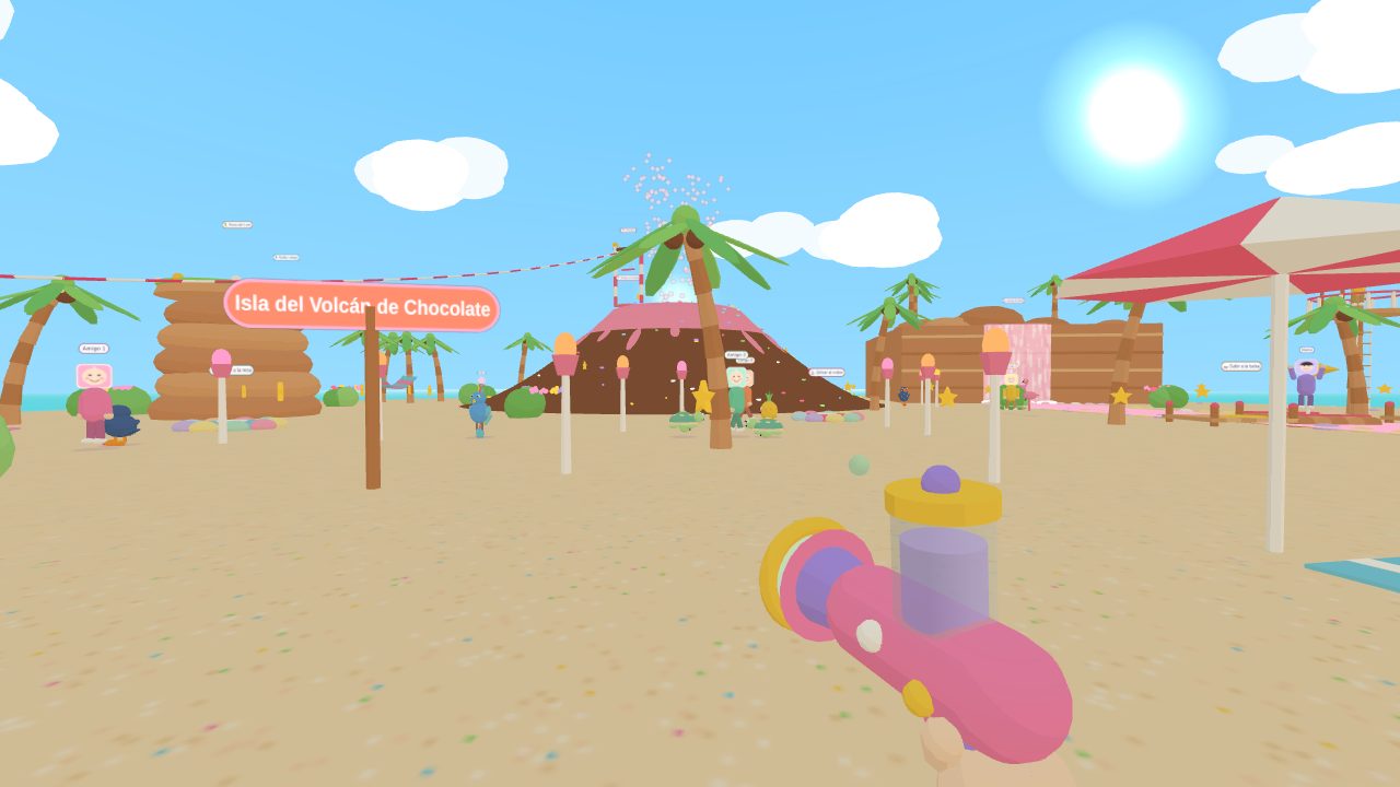 The beach of Chocolate Volcano Island with palm trees and the volcano behind