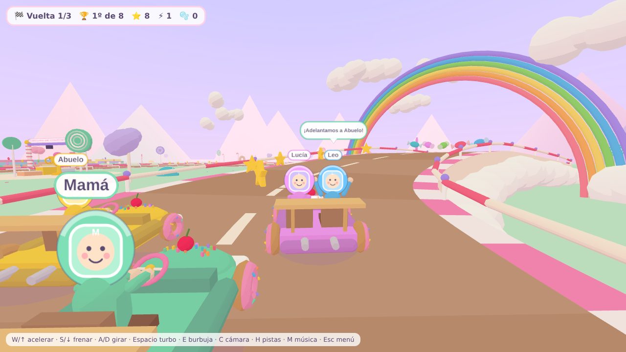 Karts climbing the rainbow hill on the Sweet Circuit