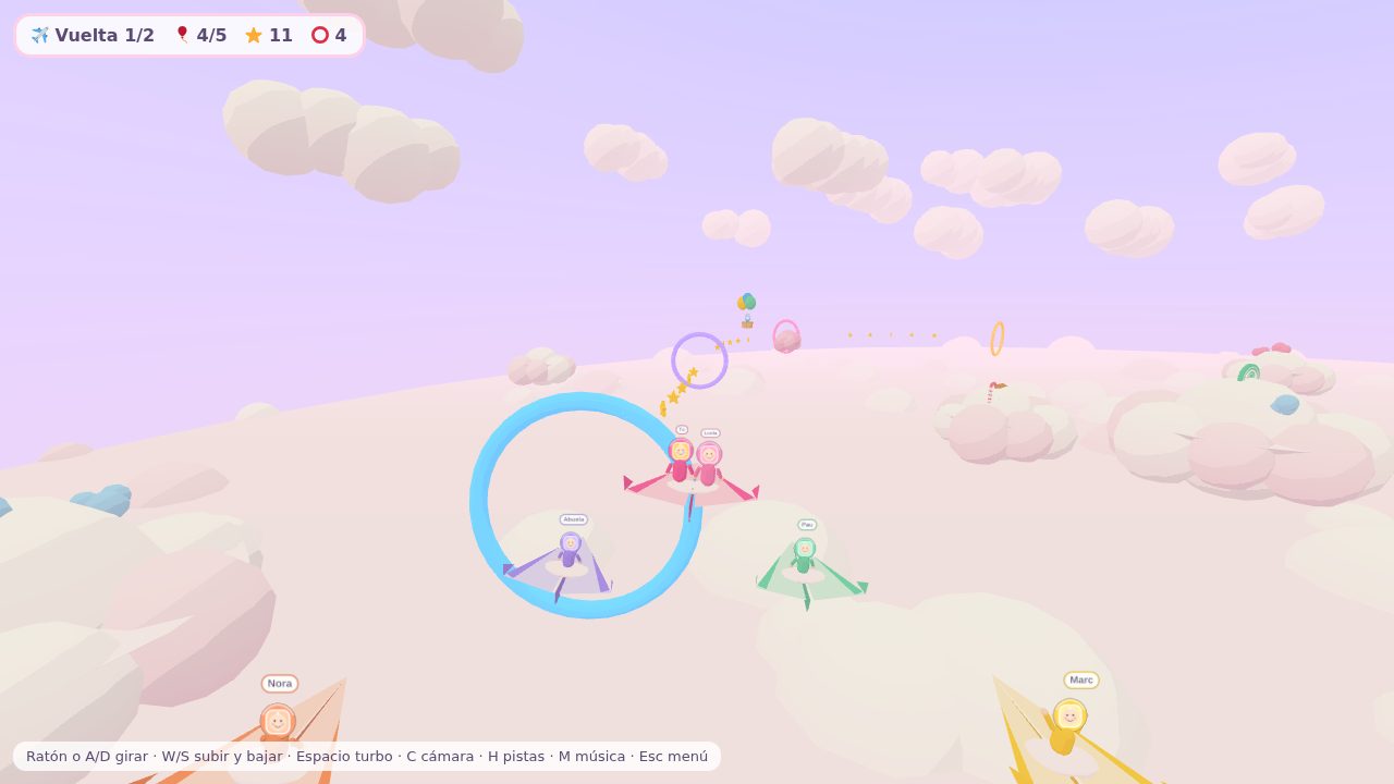Four friends flying in formation behind the paper plane